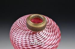 Antique 19th Century Cranberry & White Swirl Reed Glass Font Oil Lamp