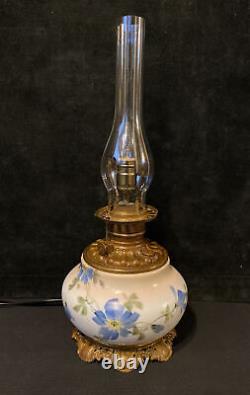 Antique 19th Century Hand Painted Milk Glass Oil Lamp Cast Iron Base Kerosene