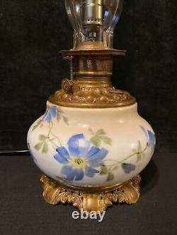 Antique 19th Century Hand Painted Milk Glass Oil Lamp Cast Iron Base Kerosene