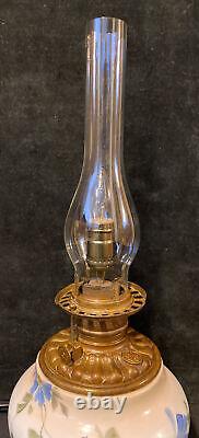 Antique 19th Century Hand Painted Milk Glass Oil Lamp Cast Iron Base Kerosene