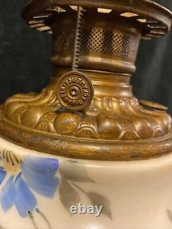 Antique 19th Century Hand Painted Milk Glass Oil Lamp Cast Iron Base Kerosene