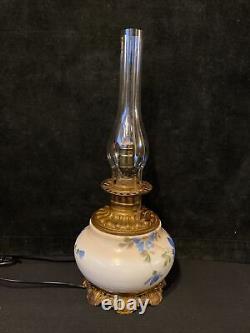 Antique 19th Century Hand Painted Milk Glass Oil Lamp Cast Iron Base Kerosene