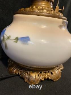 Antique 19th Century Hand Painted Milk Glass Oil Lamp Cast Iron Base Kerosene