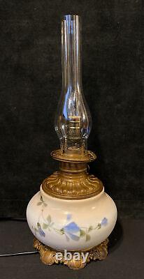 Antique 19th Century Hand Painted Milk Glass Oil Lamp Cast Iron Base Kerosene