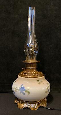 Antique 19th Century Hand Painted Milk Glass Oil Lamp Cast Iron Base Kerosene