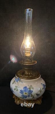 Antique 19th Century Hand Painted Milk Glass Oil Lamp Cast Iron Base Kerosene