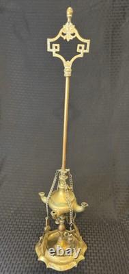 Antique 19th Century Italian Brass Lucerna Oil Lamp 26 Tall With Implements
