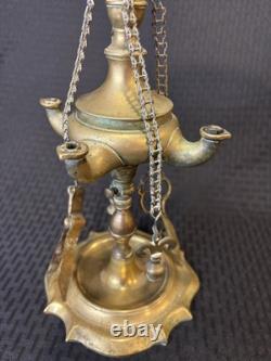 Antique 19th Century Italian Brass Lucerna Oil Lamp 26 Tall With Implements