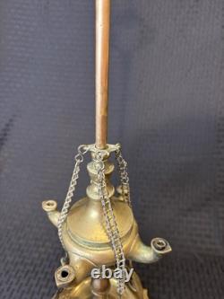Antique 19th Century Italian Brass Lucerna Oil Lamp 26 Tall With Implements