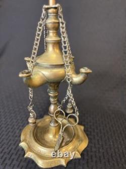 Antique 19th Century Italian Brass Lucerna Oil Lamp 26 Tall With Implements