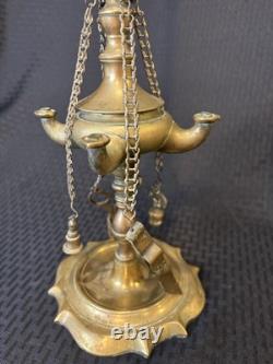 Antique 19th Century Italian Brass Lucerna Oil Lamp 26 Tall With Implements