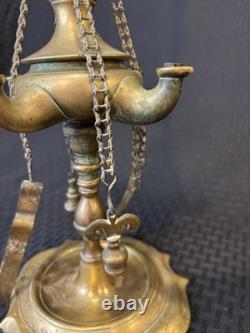 Antique 19th Century Italian Brass Lucerna Oil Lamp 26 Tall With Implements