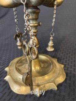 Antique 19th Century Italian Brass Lucerna Oil Lamp 26 Tall With Implements