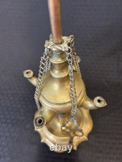 Antique 19th Century Italian Brass Lucerna Oil Lamp 26 Tall With Implements