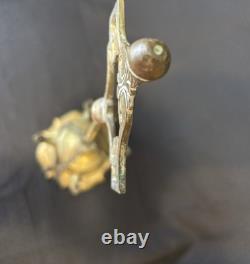 Antique 19th Century Italian Brass Lucerna Oil Lamp 26 Tall With Implements