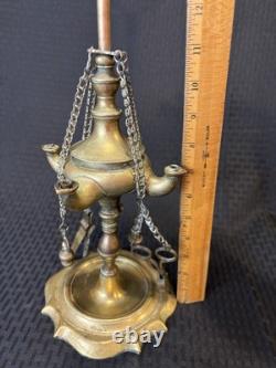 Antique 19th Century Italian Brass Lucerna Oil Lamp 26 Tall With Implements