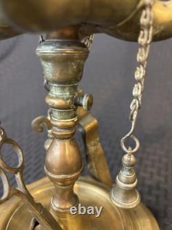 Antique 19th Century Italian Brass Lucerna Oil Lamp 26 Tall With Implements