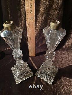 Antique 19th Century Pr. Glass Whale Oil Lamps Brass Fittings