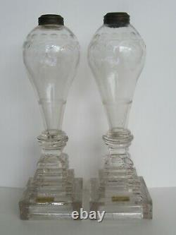 Antique 19th Century Sandwich Glass Etched Grape & Stepped Base Oil Lamps