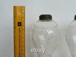 Antique 19th Century Sandwich Glass Etched Grape & Stepped Base Oil Lamps