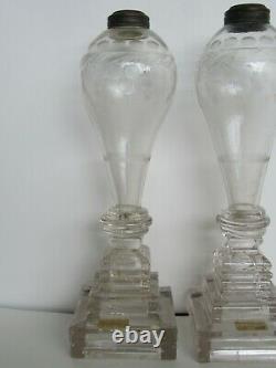 Antique 19th Century Sandwich Glass Etched Grape & Stepped Base Oil Lamps