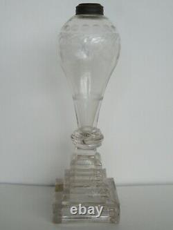 Antique 19th Century Sandwich Glass Etched Grape & Stepped Base Oil Lamps