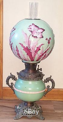 Antique 19th c B&H Copper Oil Lamp with Dragon Handles & Pittsburgh Poppy Globe