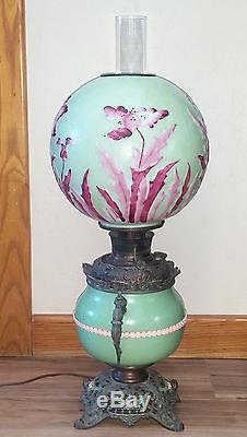 Antique 19th c B&H Copper Oil Lamp with Dragon Handles & Pittsburgh Poppy Globe
