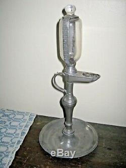 Antique 19th c. Signed marked pewter glass whale oil lamp clock timekeeper