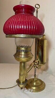 Antique 19th century brass glass imperial 2 tone electric oil student lamp light