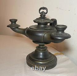 Antique 19th century bronze electrified oil argand genie table lamp lantern