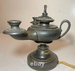 Antique 19th century bronze electrified oil argand genie table lamp lantern