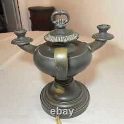 Antique 19th century bronze electrified oil argand genie table lamp lantern