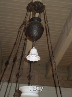 Antique, 19thc, Hanging Oil Lamp, Original, Milk Glass Shade