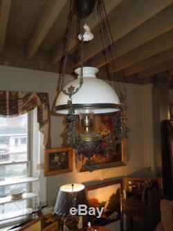 Antique, 19thc, Hanging Oil Lamp, Original, Milk Glass Shade