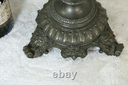 Antique 19thc Marked Bronze Carytid lions oil lamp Glass etched shade devil head