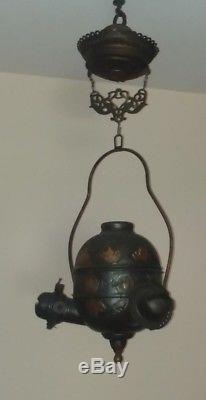 Antique 19thc Triple Light Angle Lamp Chandelier Ceiling Fixture Oil Kerosene