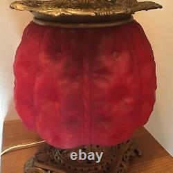 Antique 27 Oil Converted Electric Ruby Red Satin FANCY 3 Way Table Lamp Withshade