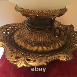 Antique 27 Oil Converted Electric Ruby Red Satin FANCY 3 Way Table Lamp Withshade
