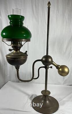 Antique 28 Harvard Style Oil Lamp Student Heavy Brass Green Glass Kerosene VTG