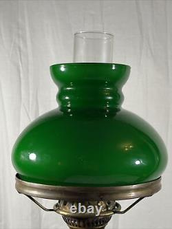 Antique 28 Harvard Style Oil Lamp Student Heavy Brass Green Glass Kerosene VTG