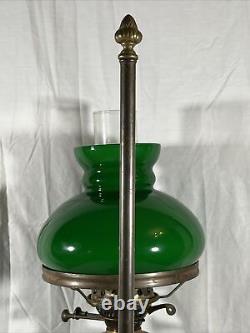 Antique 28 Harvard Style Oil Lamp Student Heavy Brass Green Glass Kerosene VTG
