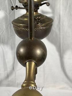 Antique 28 Harvard Style Oil Lamp Student Heavy Brass Green Glass Kerosene VTG