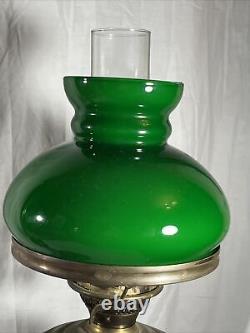 Antique 28 Harvard Style Oil Lamp Student Heavy Brass Green Glass Kerosene VTG