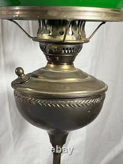 Antique 28 Harvard Style Oil Lamp Student Heavy Brass Green Glass Kerosene VTG