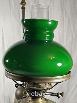 Antique 28 Harvard Style Oil Lamp Student Heavy Brass Green Glass Kerosene VTG