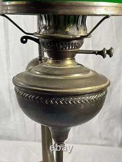 Antique 28 Harvard Style Oil Lamp Student Heavy Brass Green Glass Kerosene VTG