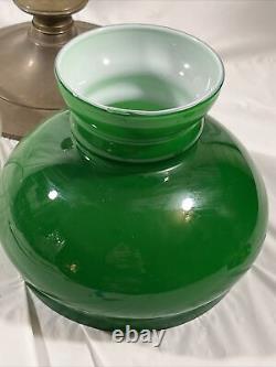 Antique 28 Harvard Style Oil Lamp Student Heavy Brass Green Glass Kerosene VTG