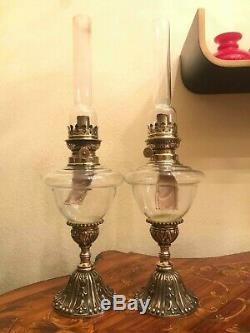 Antique 2 Brass Kerosene Oil Lamps Pair