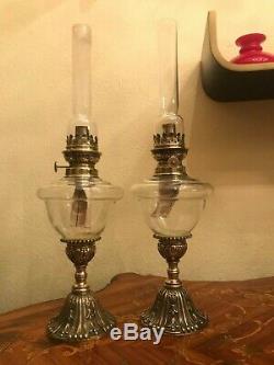 Antique 2 Brass Kerosene Oil Lamps Pair